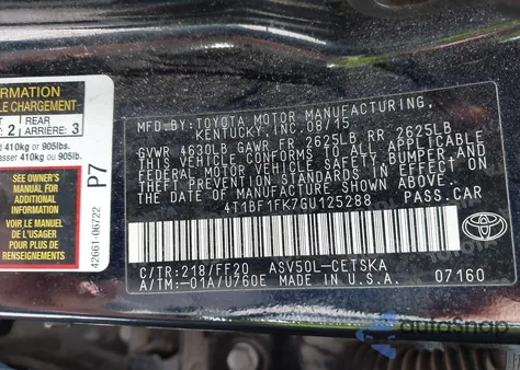 2016 Toyota Camry Se z USA, uszkodzony, nr VIN 4T1BF1FK7GU125288